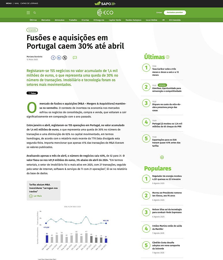 Fuses e aquisies em Portugal caem 30% at abril